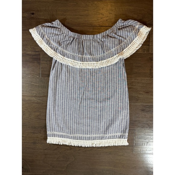 1.STATE Tops - 1.STATE Womens Blue White Striped Linen Cotton Off Shoulder Fringe Top Medium‎